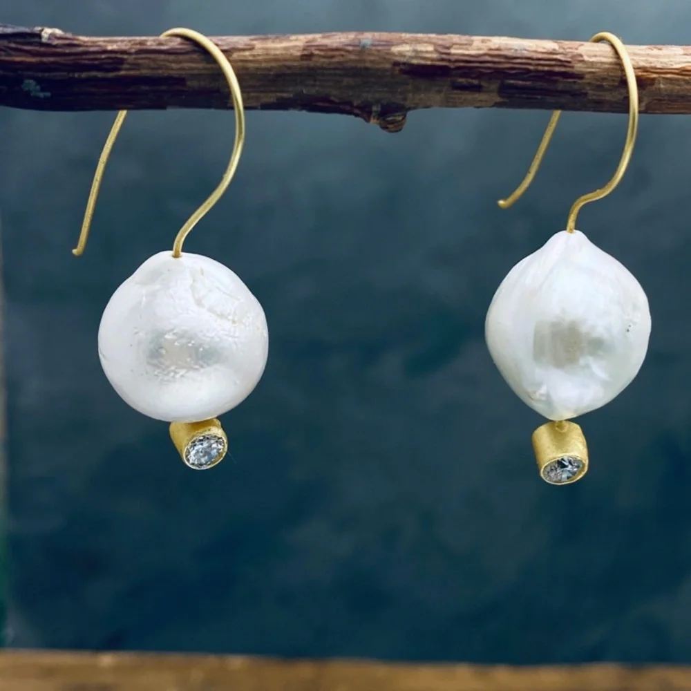 Baroque Pearl Dangle Earrings 24K Gold Plated CZ Handmade Artisan - Picture 5 of 8